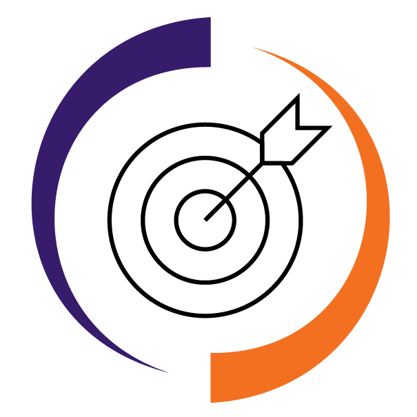 Two overlapping crescents form a circular shape against a black background, with one crescent purple and the other orange, creating a symmetrical design.