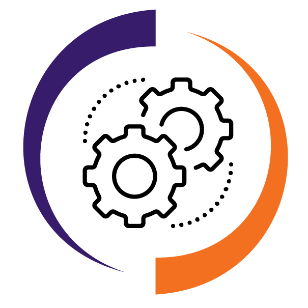 The image features a circular design with one purple and one orange swoosh on a black background, resembling an incomplete circle.